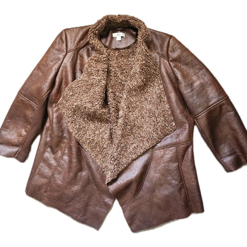 VTG CJ Banks Faux Suede Cardigan Coat Sz 3X Brown Open Front Faux Fur Lined EUC